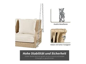 Flash Sale 114 Cm Hangstoel In Pe Rotan - 2 Plaatsen - 11 Cm Gewatteerd Zitkussen - Beige Hangstoel