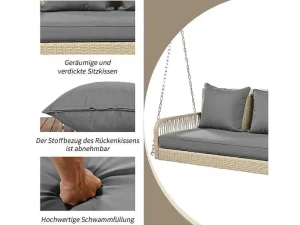 Best Sale 114 Cm Hangstoel In Pe Rotan - 2 Plaatsen - 11 Cm Gecapitonneerd Zitkussen - Beige + Grijs Hangstoel