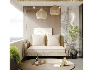 Flash Sale 114 Cm Hangstoel In Pe Rotan - 2 Plaatsen - 11 Cm Gewatteerd Zitkussen - Beige Hangstoel