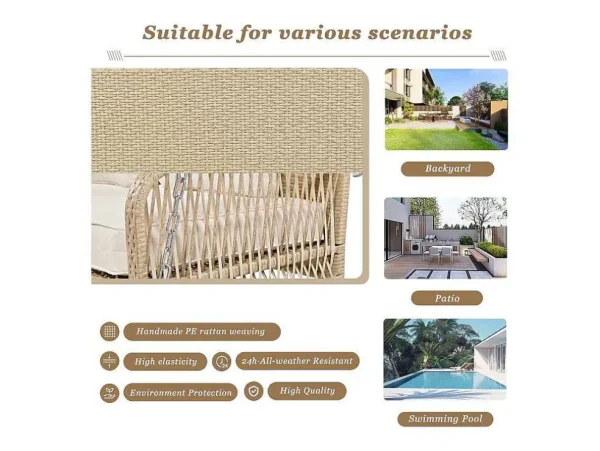 Flash Sale 114 Cm Hangstoel In Pe Rotan - 2 Plaatsen - 11 Cm Gewatteerd Zitkussen - Beige Hangstoel