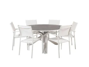 Store Copacabana Tuinmeubelset Tafel O140Cm En 6 Stoel Santorini Wit, Grijs, Cremekleur. Tuinset