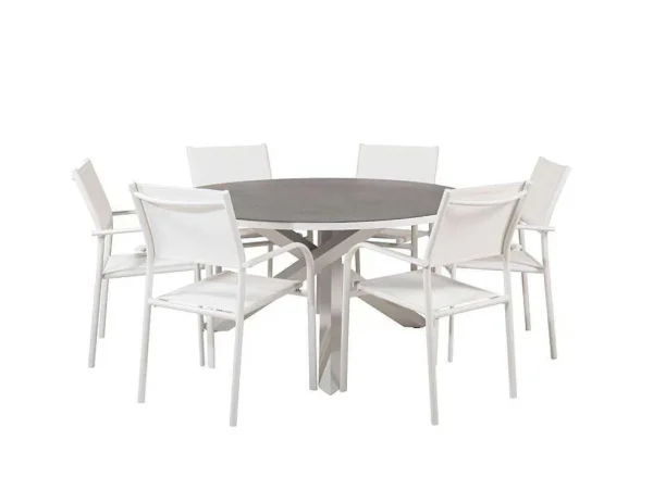 Store Copacabana Tuinmeubelset Tafel O140Cm En 6 Stoel Santorini Wit, Grijs, Cremekleur. Tuinset