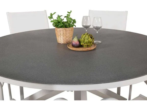 Store Copacabana Tuinmeubelset Tafel O140Cm En 6 Stoel Santorini Wit, Grijs, Cremekleur. Tuinset