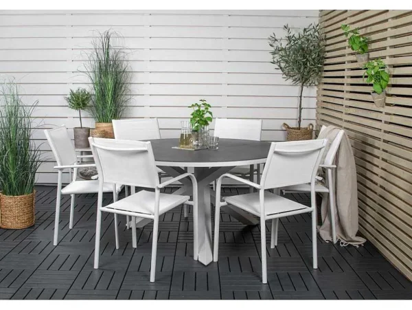 Store Copacabana Tuinmeubelset Tafel O140Cm En 6 Stoel Santorini Wit, Grijs, Cremekleur. Tuinset