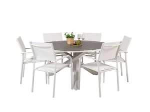 Store Copacabana Tuinmeubelset Tafel O140Cm En 6 Stoel Santorini Wit, Grijs, Cremekleur. Tuinset