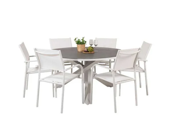Store Copacabana Tuinmeubelset Tafel O140Cm En 6 Stoel Santorini Wit, Grijs, Cremekleur. Tuinset