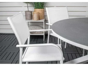 Store Copacabana Tuinmeubelset Tafel O140Cm En 6 Stoel Santorini Wit, Grijs, Cremekleur. Tuinset