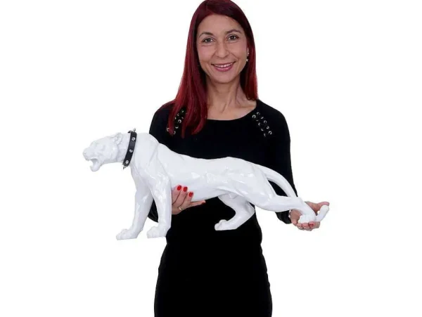 Best Sale Decoratief Beeldje Panter Met Halsband, Wit Hoogglans Met Kraag Standbeeld
