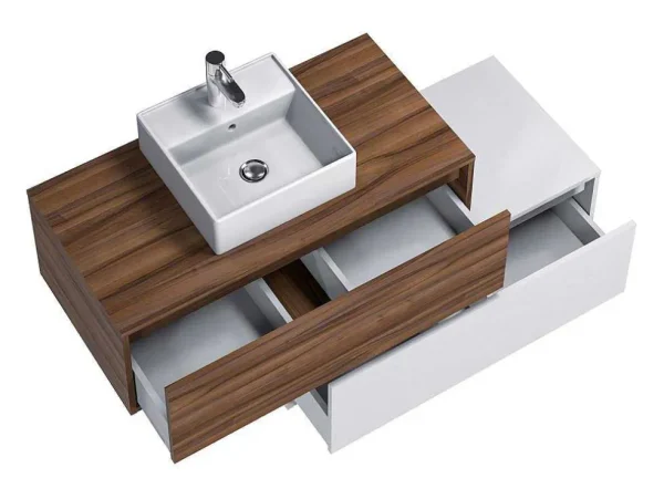 New Donker Naturel En Wit Hangend Badkamermeubel Met Enkele Wastafel En Twee Lades - 94 Cm - Teana Ii Badkamermeubel Met Enkele Wastafel