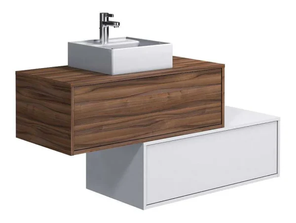 New Donker Naturel En Wit Hangend Badkamermeubel Met Enkele Wastafel En Twee Lades - 94 Cm - Teana Ii Badkamermeubel Met Enkele Wastafel