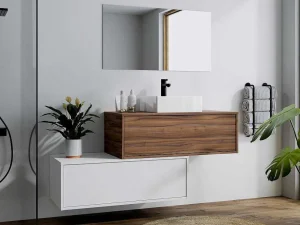 New Donker Naturel En Wit Hangend Badkamermeubel Met Enkele Wastafel En Twee Lades - 94 Cm - Teana Ii Badkamermeubel Met Enkele Wastafel