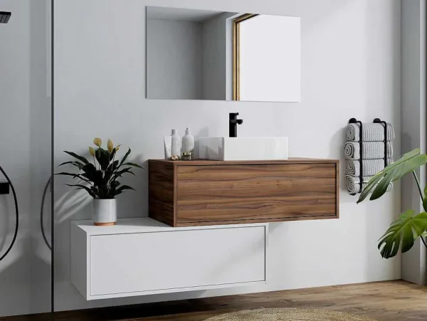 New Donker Naturel En Wit Hangend Badkamermeubel Met Enkele Wastafel En Twee Lades - 94 Cm - Teana Ii Badkamermeubel Met Enkele Wastafel
