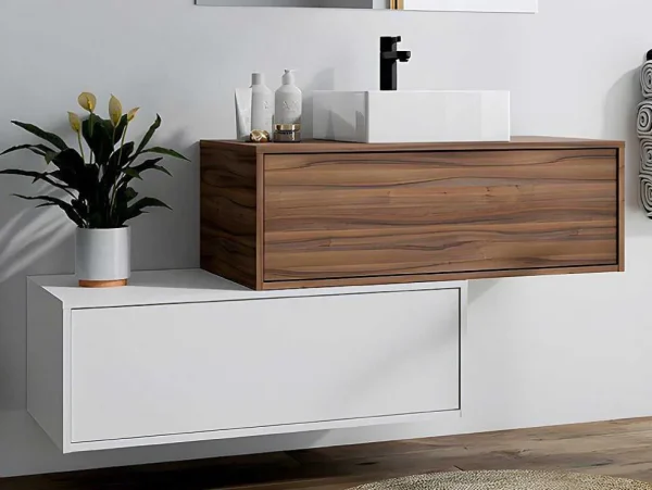 New Donker Naturel En Wit Hangend Badkamermeubel Met Enkele Wastafel En Twee Lades - 94 Cm - Teana Ii Badkamermeubel Met Enkele Wastafel