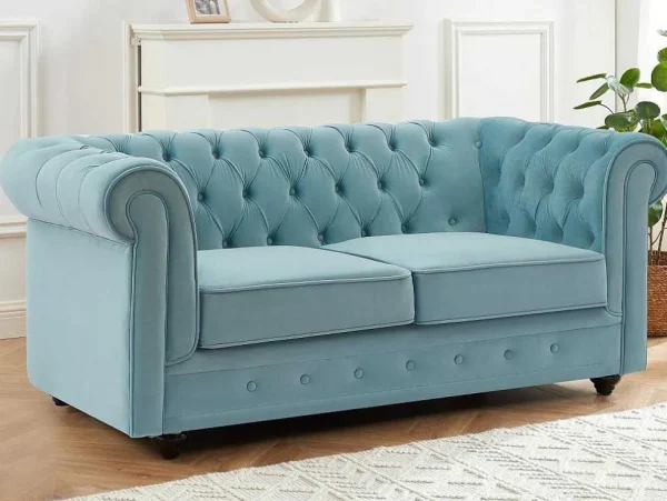 Online Drie- En Tweezitsbank Van Pastelblauw Velours Chesterfield Bankstel 3+2