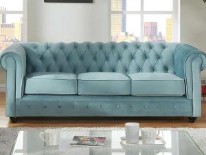 Online Drie- En Tweezitsbank Van Pastelblauw Velours Chesterfield Bankstel 3+2