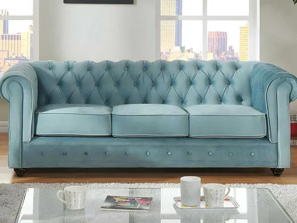 Online Drie- En Tweezitsbank Van Pastelblauw Velours Chesterfield Bankstel 3+2