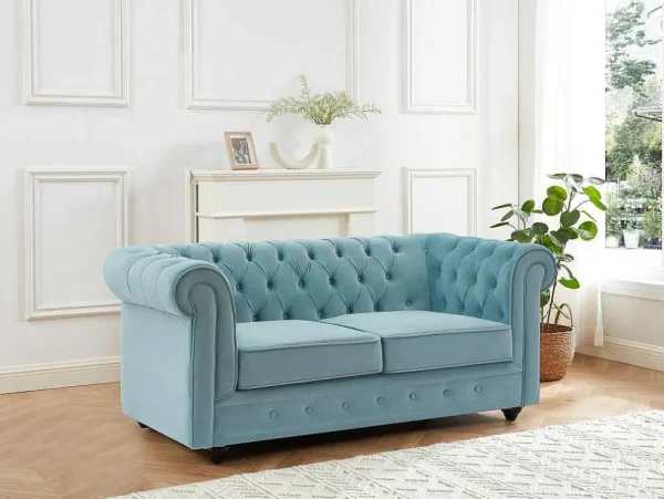 Online Drie- En Tweezitsbank Van Pastelblauw Velours Chesterfield Bankstel 3+2
