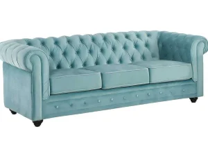 Online Drie- En Tweezitsbank Van Pastelblauw Velours Chesterfield Bankstel 3+2