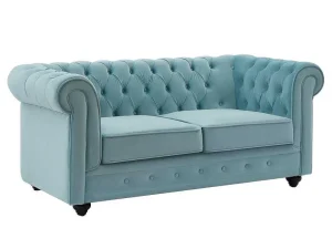 Online Drie- En Tweezitsbank Van Pastelblauw Velours Chesterfield Bankstel 3+2