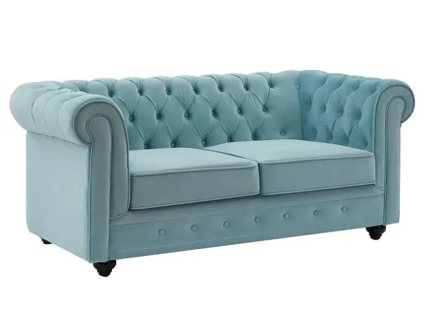 Online Drie- En Tweezitsbank Van Pastelblauw Velours Chesterfield Bankstel 3+2
