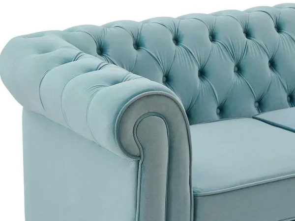 Online Drie- En Tweezitsbank Van Pastelblauw Velours Chesterfield Bankstel 3+2