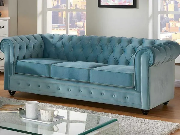 Online Drie- En Tweezitsbank Van Pastelblauw Velours Chesterfield Bankstel 3+2