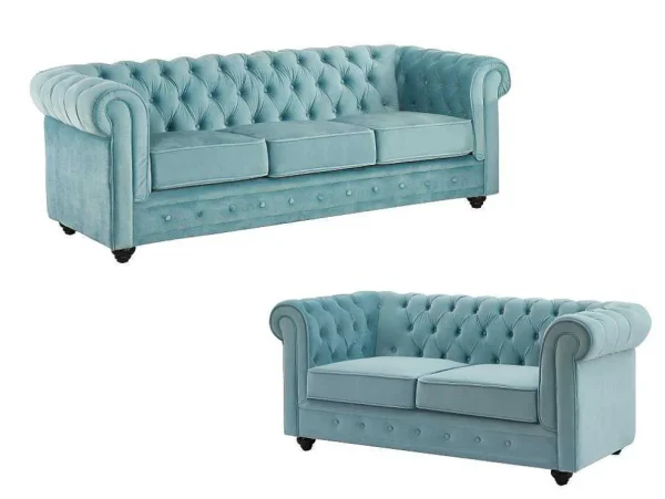 Online Drie- En Tweezitsbank Van Pastelblauw Velours Chesterfield Bankstel 3+2