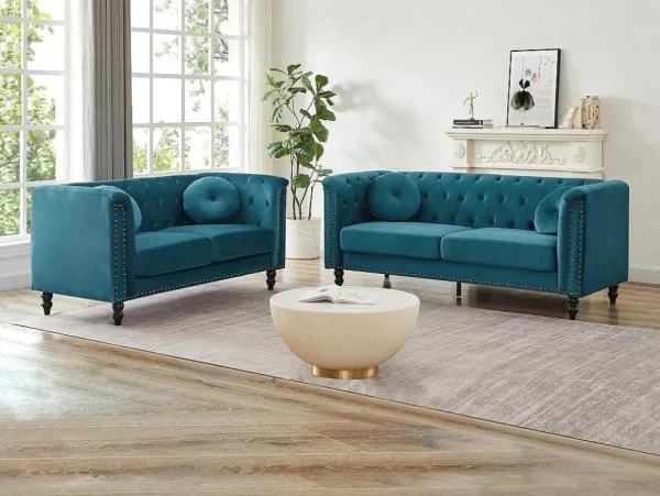 Cheap Drie- En Tweezitsbank Van Blauwgroen Velours Turner Bankstel 3+2
