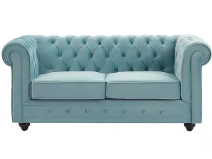 Online Drie- En Tweezitsbank Van Pastelblauw Velours Chesterfield Bankstel 3+2