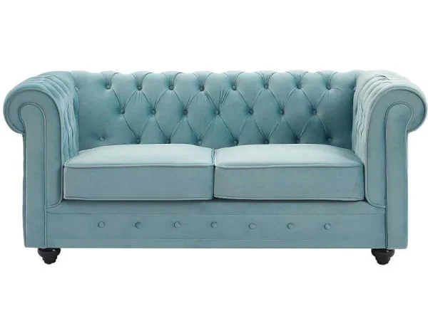 Online Drie- En Tweezitsbank Van Pastelblauw Velours Chesterfield Bankstel 3+2