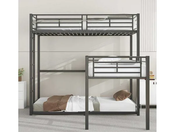 Discount Driedubbele Stapelbedden 90 X 200 Cm - Hoge Reling En Ladder - Metaal - Zwart Kinderbed Stapelbed