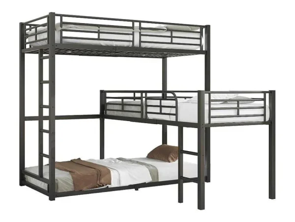 Discount Driedubbele Stapelbedden 90 X 200 Cm - Hoge Reling En Ladder - Metaal - Zwart Kinderbed Stapelbed