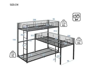 Discount Driedubbele Stapelbedden 90 X 200 Cm - Hoge Reling En Ladder - Metaal - Zwart Kinderbed Stapelbed