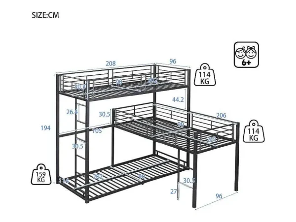 Discount Driedubbele Stapelbedden 90 X 200 Cm - Hoge Reling En Ladder - Metaal - Zwart Kinderbed Stapelbed