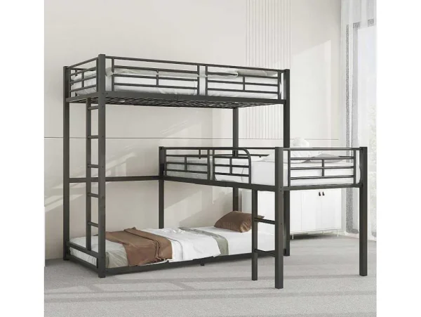 Discount Driedubbele Stapelbedden 90 X 200 Cm - Hoge Reling En Ladder - Metaal - Zwart Kinderbed Stapelbed
