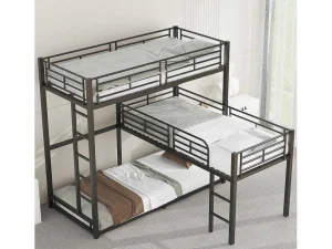 Discount Driedubbele Stapelbedden 90 X 200 Cm - Hoge Reling En Ladder - Metaal - Zwart Kinderbed Stapelbed