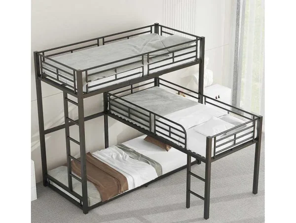 Discount Driedubbele Stapelbedden 90 X 200 Cm - Hoge Reling En Ladder - Metaal - Zwart Kinderbed Stapelbed