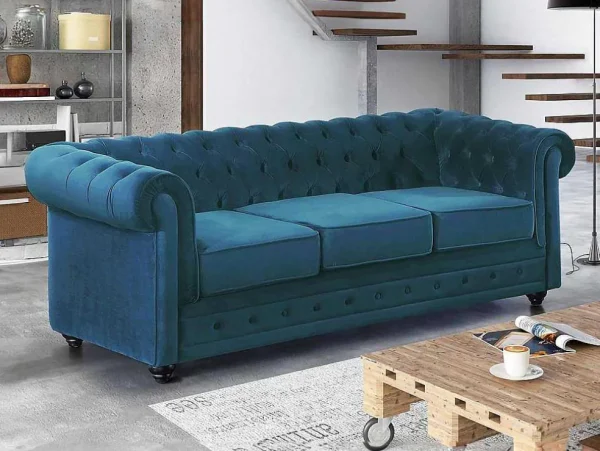 Best Sale Driezitsbank Chesterfield Fluweel - Eend Blauw Chesterfield Zitbank