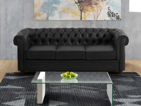 Cheap Driezitsbank Chesterfield Van Kunstleer - Zwart Kunstleren Zitbank