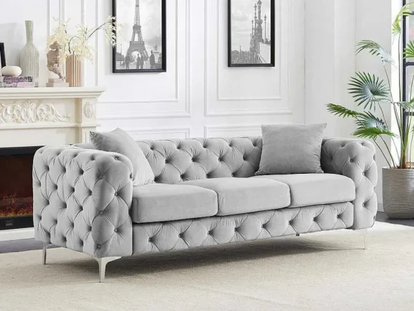 Clearance Driezits-Chesterfield-Bank Van Lichtgrijs Velours Edwina Chesterfield Zitbank