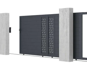 Clearance Elektrische Schuifpoort Van Aluminium Met Motieven - Halfopengewerkt - L.416 X H.180 Cm - Antraciet - Gregor Hekjes & Poorten