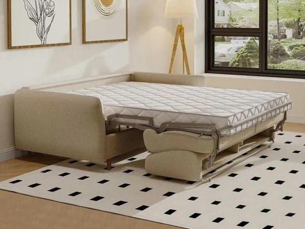 Discount Express-Driezitsslaapbank Van Beige Stof - Bed Met Brede Latten 140 Cm - Matras 14 Cm Arcadia Speciale Modellen Zitbanken & Fauteuils