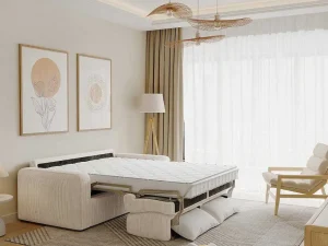 Hot Express-Vierzitsslaapbank Van Beige Ribfluweel - Bed Met Brede Latten 160 Cm - Matras 18 Cm - Bevis Slaapbank Met Matras
