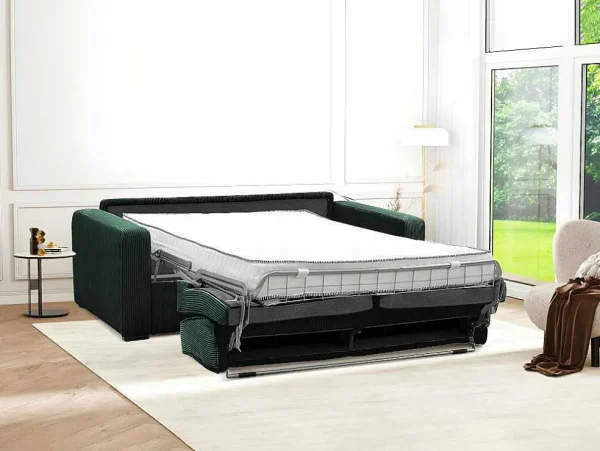 Best Sale Express-Vierzitsslaapbank Van Groen Ribfluweel - Bed Met Brede Latten 160 Cm - Matras 18 Cm - Mondovi Slaapbank Met Matras