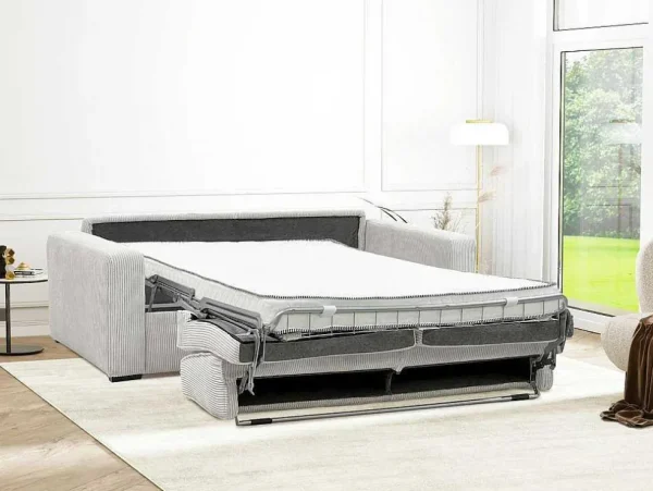 New Express-Vierzitsslaapbank Van Beige Ribfluweel - Bed Met Brede Latten 160 Cm - Matras 14 Cm - Mondovi Slaapbank Met Matras