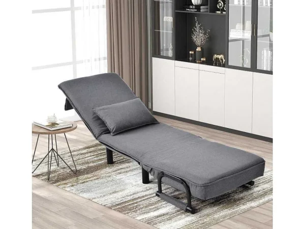Best Sale Fauteuil Met Kussen En Verstelbare Rugleuning - Om Te Bouwen Tot Fauteuil - Linnen Stof - Grijs Uitklapbare Fauteuil