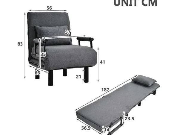 Best Sale Fauteuil Met Kussen En Verstelbare Rugleuning - Om Te Bouwen Tot Fauteuil - Linnen Stof - Grijs Uitklapbare Fauteuil