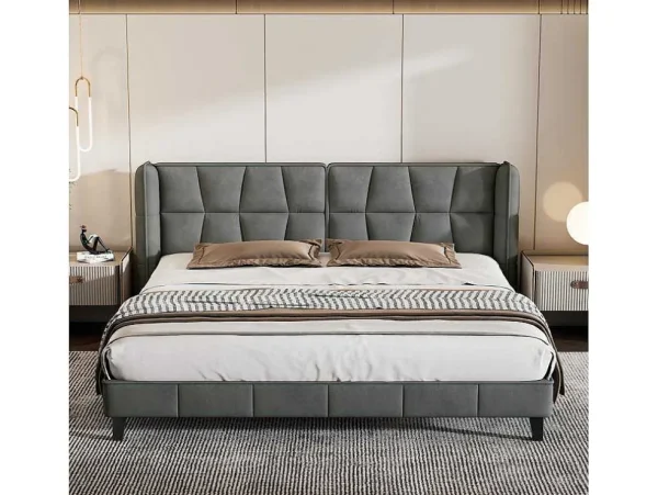 Store Gestoffeerd Bed 160X200Cm In Fluweel Met Lattenbodem - Grijs Fluwelen Bed
