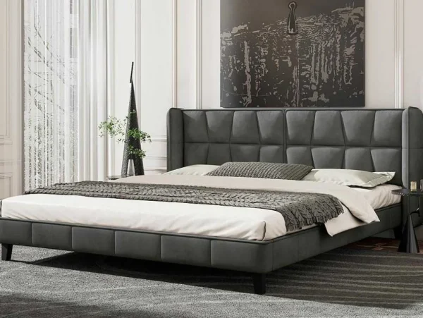 Store Gestoffeerd Bed 160X200Cm In Fluweel Met Lattenbodem - Grijs Fluwelen Bed