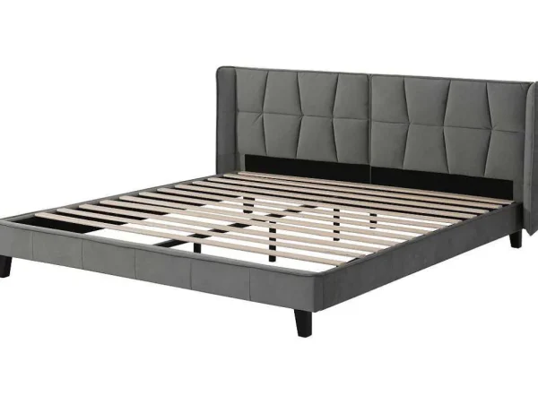 Store Gestoffeerd Bed 160X200Cm In Fluweel Met Lattenbodem - Grijs Fluwelen Bed